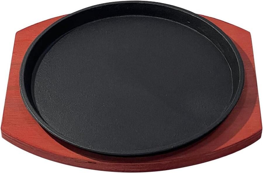 Gietijzeren Pan Sizzling Plate Serveren aan Tafel Met Houten Basis 23 cm Rood