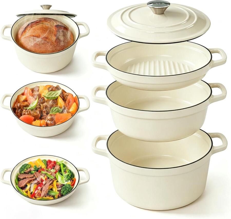 Gietijzeren Pan Stoofpan Braadpan Langzaam Garen 3-in-1 Functionaliteit 25 cm Wit