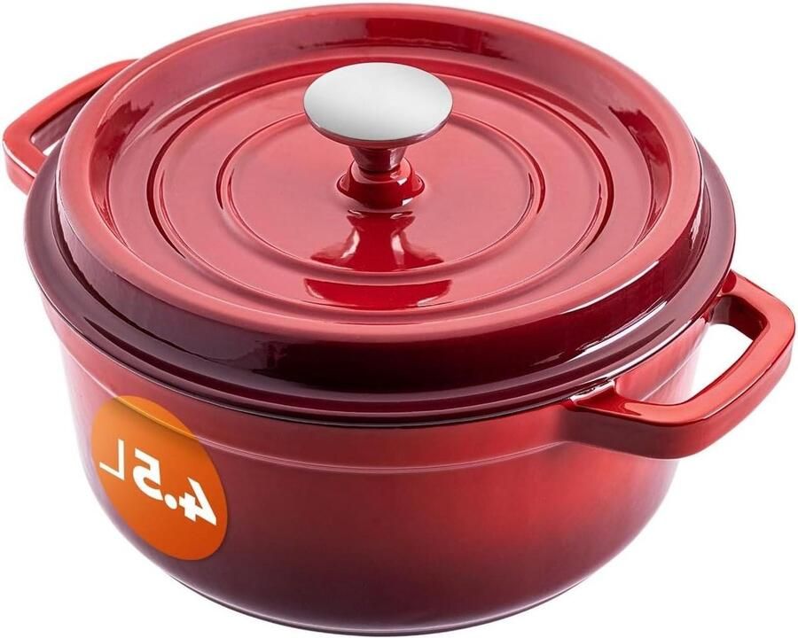 Gietijzeren pan Stoofpan braadpan Langzaam garen Aromabehoudend deksel 45 liter Rood