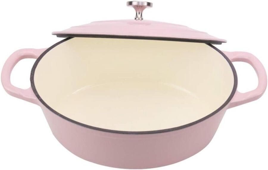 Gietijzeren Pan Stoofpan Casserole Langzaam Koken Zelfcirculerende Deksel 28 cm Roze