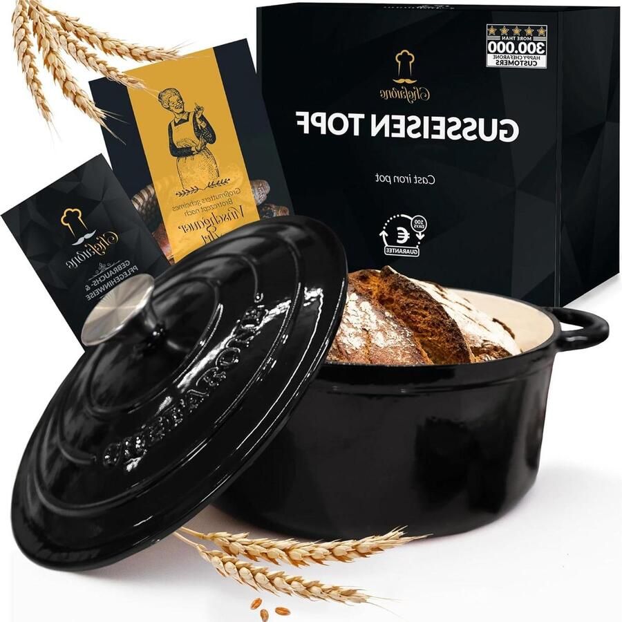 Gietijzeren Pan Stoofpan Cocotte Brood Bakken Gelijkmatige Warmte 4.7 Liter Zwart