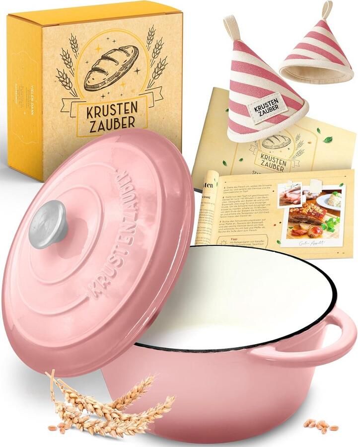 Gietijzeren pan Stoofpan deksel Brood bakken Gelijkmatige warmte 26 cm Roze