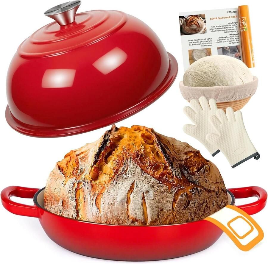 Gietijzeren Pan Stoofpan met deksel Brood Bakken Gelijkmatige Warmteverdeling 5.7 Liter Rood