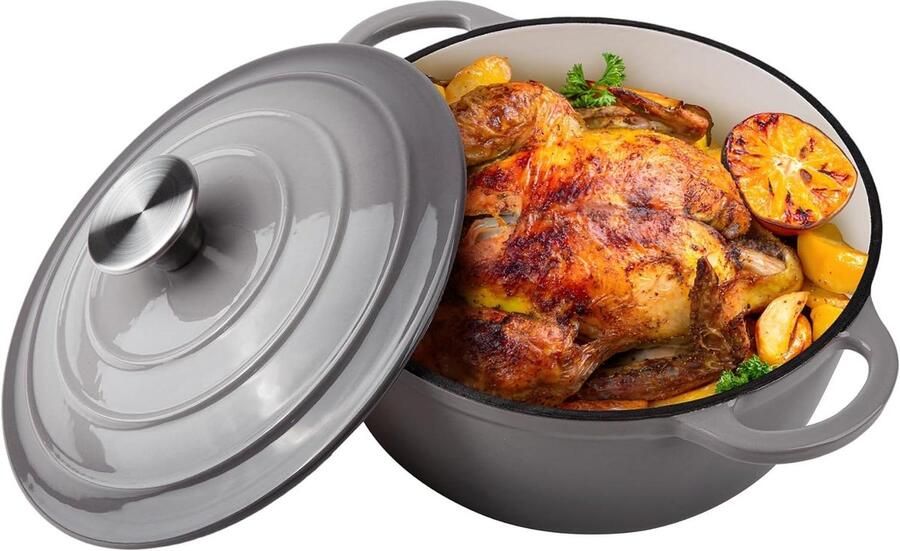 Gietijzeren Pan Stoofpan Dutch Oven Langzaam Garen Geëmailleerd Oppervlak 3 Liter Capaciteit Grijs