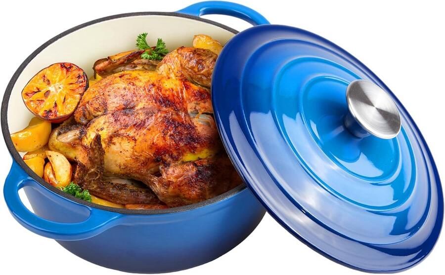 Gietijzeren Pan Stoofpan Dutch Oven Langzaam Garen Gelijkmatige Warmteverdeling 3 Liter Capaciteit Diepblauw
