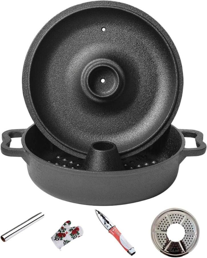 Gietijzeren pan Stoofpan Dutch Oven Langzaam koken Dubbel stoomventiel 26 cm Zwart