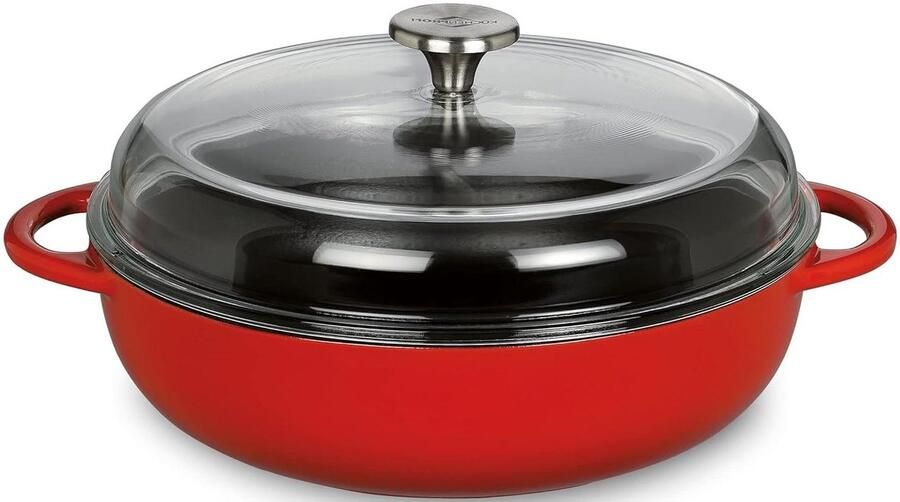 Gietijzeren Pan Stoofpan met deksel Allround Koken Energiezuinig 24 cm Diameter Rood