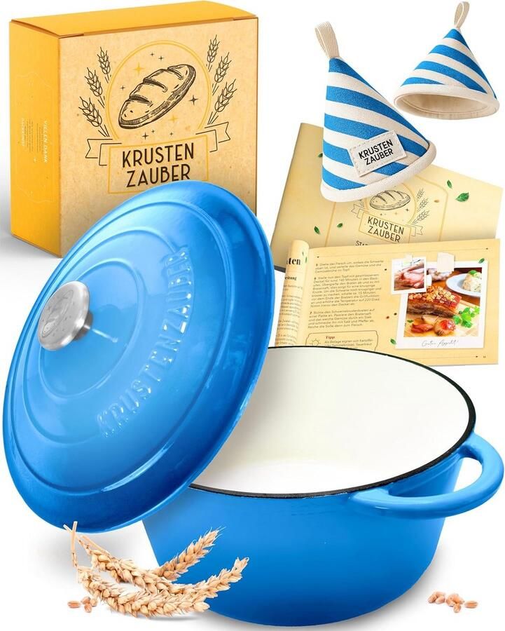 Gietijzeren Pan Stoofpan met deksel Brood Bakken Gelijkmatige Warmteverdeling 26 cm Blauw