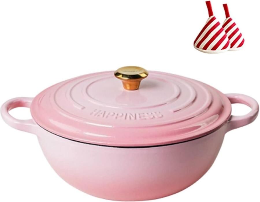 Gietijzeren Pan Stoofpan met deksel Langzaam Garen Gelijkmatige Warmteverdeling 3-5 Liter Roze