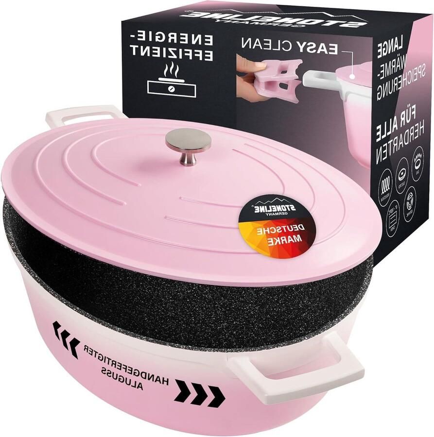 Gietijzeren Pan Stoofpan met deksel Langzaam Garen Unieke steen-coating 32 cm 6.6 liter Roze