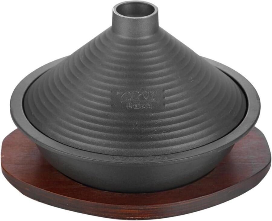 Gietijzeren Pan Stoofpan Tajine Langzaam Garen Uniek Condensatie deksel Inclusief Houten Plank Zwart