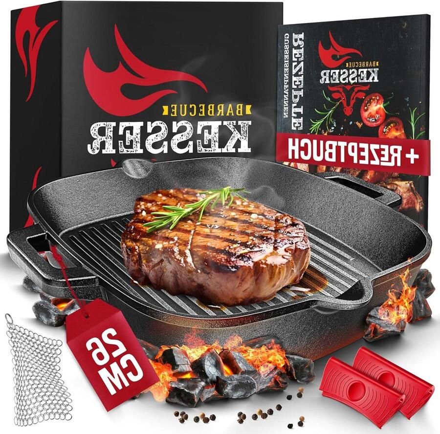 Gietijzeren Pan Vierkant Braadpan Inductie Grillen Bakken Stoven Ingebakken Patina 26cm Zwart