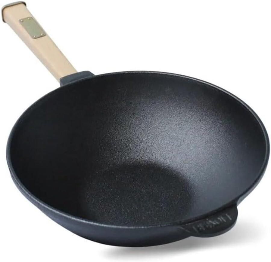 Gietijzeren pan Wok braadpan Gezond koken Afneembare handgreep 24 cm Zwart