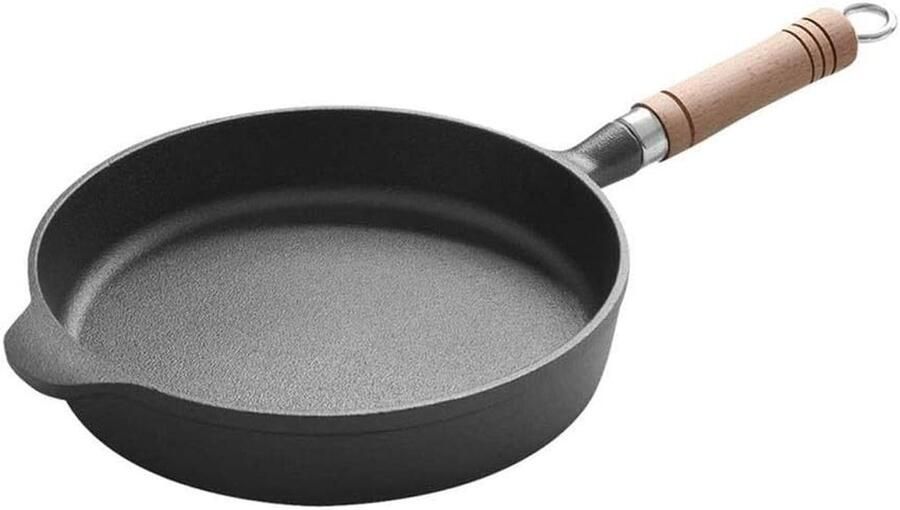 Gietijzeren pan Zwarte koekenpan Ontbijt bereiden Houten handvat 22 cm diameter Zwart