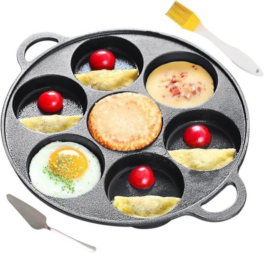 Gietijzeren Pannenkoekenpan Bakplaat 7 Gat Ontbijt Bakken Inclusief Spatel Borstel 29.5 cm Breed Zwart