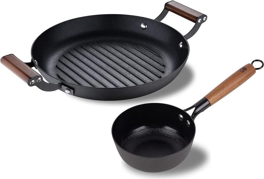 Gietijzeren Pannenset met Grillplaat en Ergonomisch Houten Handvat