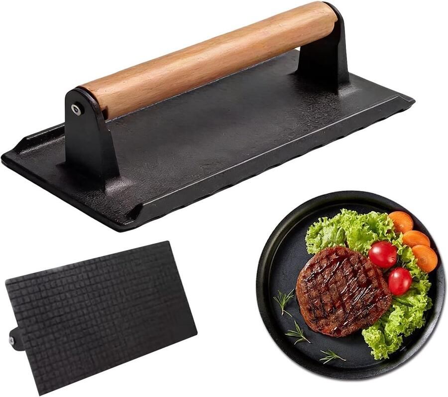 Gietijzeren Pers Burger Smasher Bakplaat Grillen Houten Handvat 16x8cm Zwart