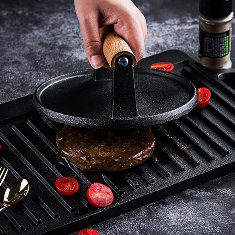 Gietijzeren Pers Burgerpers Vlees Bereiden Stevig Houten Handvat 6.9 Inch Zwart