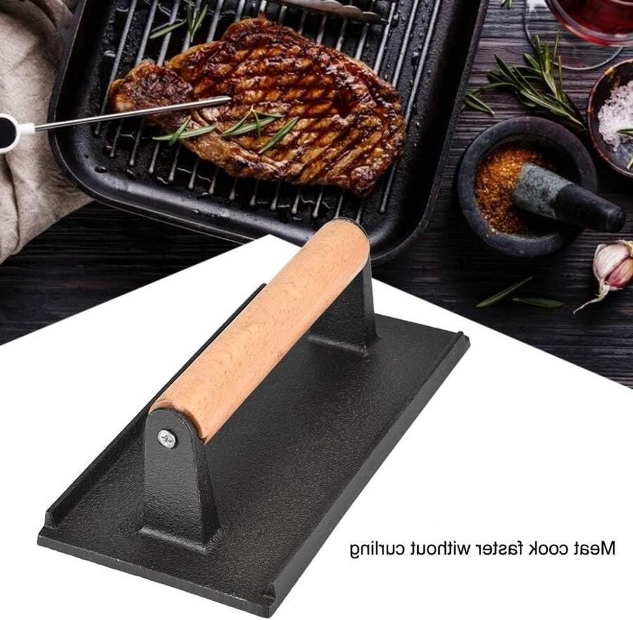 Gietijzeren Pers Grillpers Hout Vlakker Koken Koel Houten Handvat 20.5 x 10.5 cm Zwart