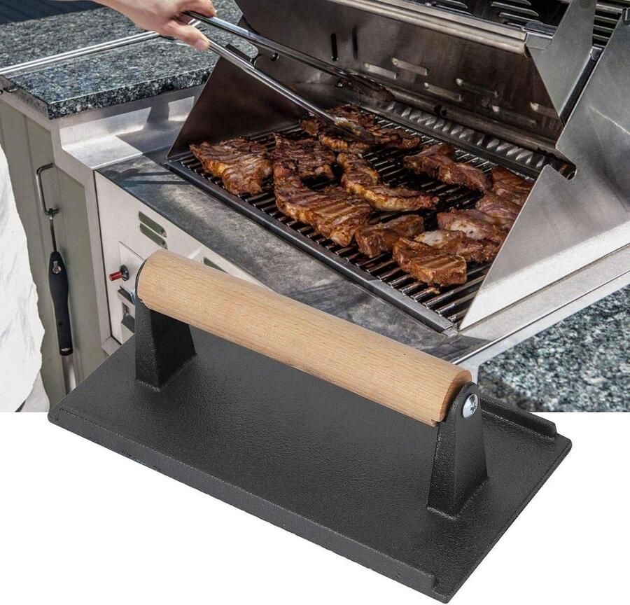 Gietijzeren Pers Vleespers Hamburgerpers Perfect Grillen Gelijkmatige Warmte 21 x 108 cm Zwart