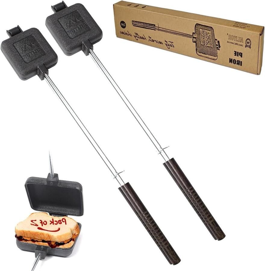 Gietijzeren Pie Cooker Sandwich Maker Buiten Koken Extra Lange Handgrepen 2 Stuks Zwart