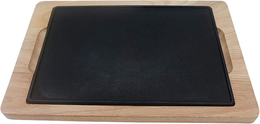 Gietijzeren Plaat Steakpan Grill Gerechten Serveren Met Houten Basis 33 x 23 cm Zwart