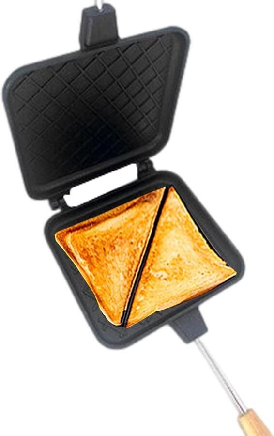 Gietijzeren Sandwichmaker Tosti IJzer Pan Buiten Koken Afneembaar Handvat 37 x 15.2 cm Zwart