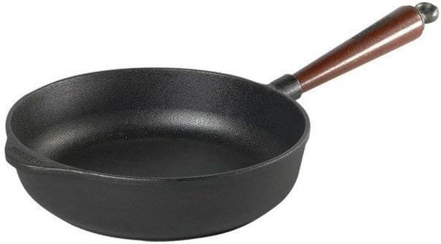 Gietijzeren Serveerpan 25 cm met Hoge Rand en Houten Handvat Ideaal voor Brademomenten