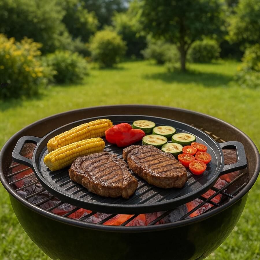 Gietijzeren Serveerpan Grillpan Braadpan Buiten Koken Reeds Ingebrand Diameter 30 cm Zwart