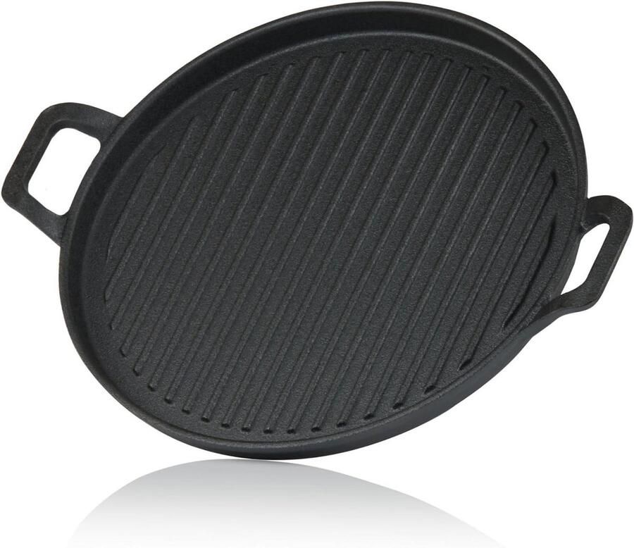 Gietijzeren Serveerpannetje Grillpan Braadpan Buiten Koken Geribbeld Grilloppervlak 30 cm Diameter Zwart
