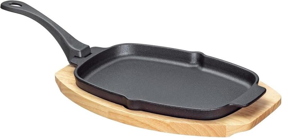 Gietijzeren Serveerpan Grillpan Hout Eten Warm Houden Afneembaar Handvat 30 x 19 cm Zwart