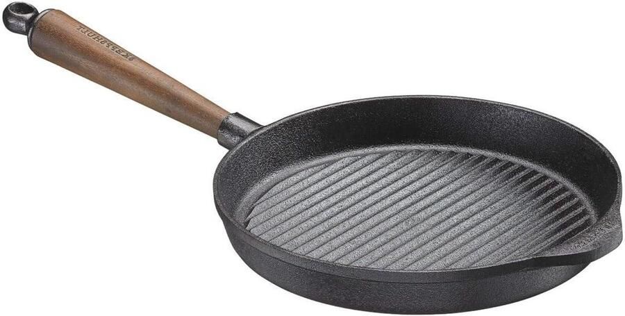 Gietijzeren Serveerpan Grillpan Ronde Pan Gerechten Grillen Met Walnoothouten Handvat 25 cm Zwart