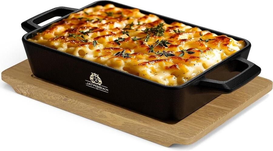 Gietijzeren Serveerpan Kleine Koekenpan Ovenpan Aan Tafel Serveren Inclusief Houten Onderzetter 16 x 11 cm Zwart