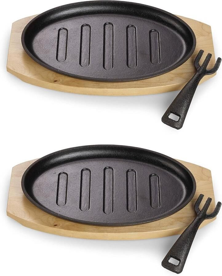 Gietijzeren Serveerpan met Grillstrips en Houten Plank Geschikt voor Oven BBQ en Inductie