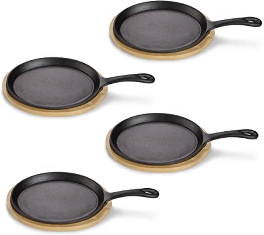 Gietijzeren Serveerpan met Serveerschaal Mini Grillpan Geschikt voor Inductie en Oven 4-delige Set