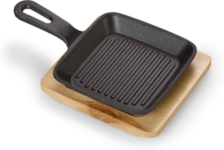 Gietijzeren Serveerpan Ovenschaal Grill Stijlvol Serveren Inclusief Serveerplank 13.6 cm Zwart