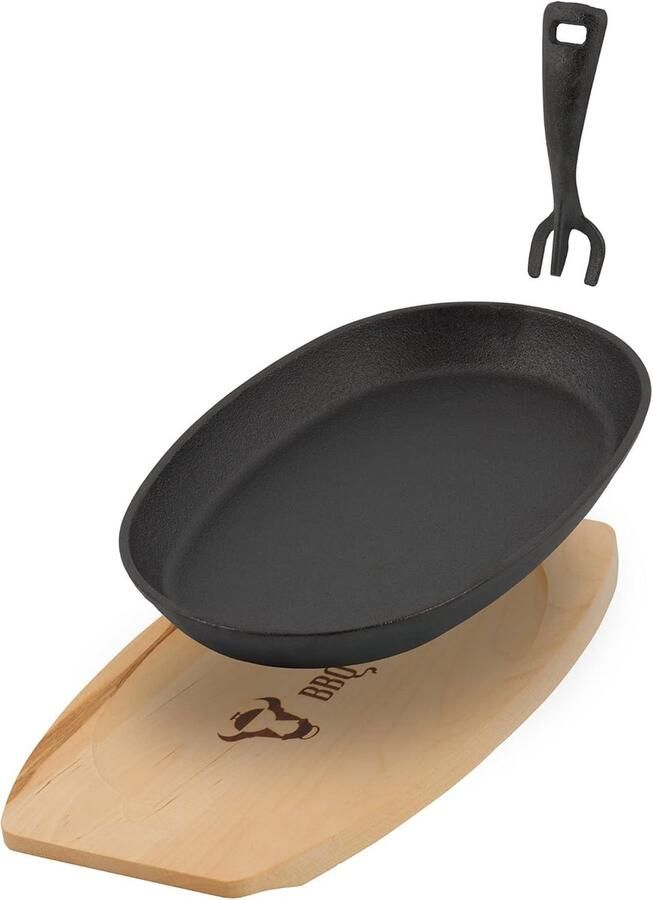 Gietijzeren Serveerpan Ovenschaal Hout Gerechten Serveren Inclusief Houten Onderzetter 27 x 18 cm Zwart