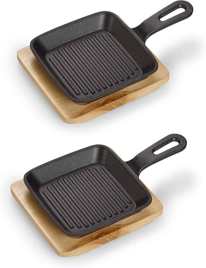 Gietijzeren Serveerpan Vierkant met Houten Plank Grillpan voor Oven BBQ en Inductie