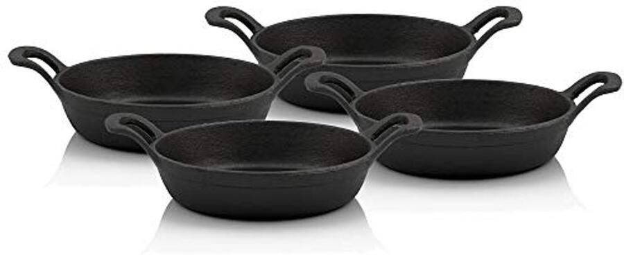 Gietijzeren Serveerpannenset 4 Stuks Ø 20 cm Preseasoned Grillpannetjes Voor Oven en Grill