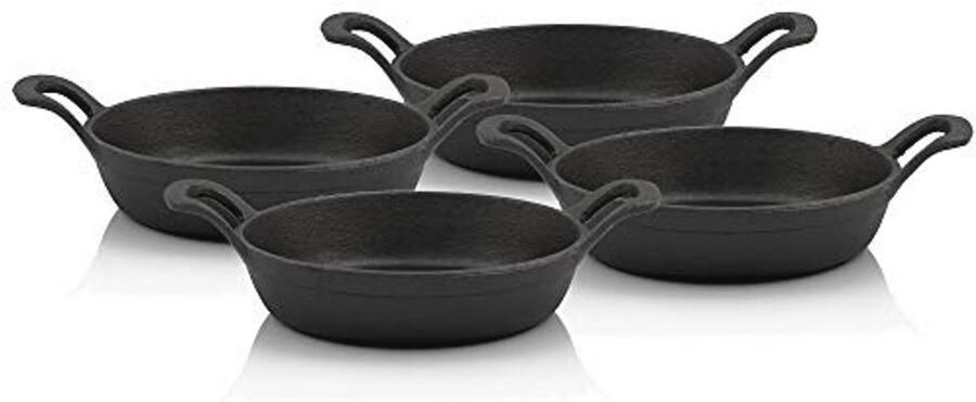 Gietijzeren Serveerpannenset 4 Stuks Ø 20 cm Preseasoned Grillpannetjes Voor Oven en Grill