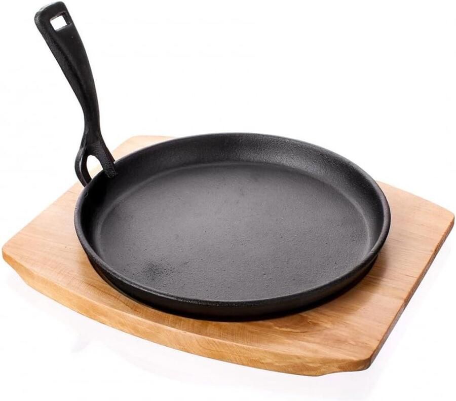 Gietijzeren Sizzler Pan Ronde Koekenpan Eten Bereiden Met Houten Standaard 24 x 28.5 cm Zwart