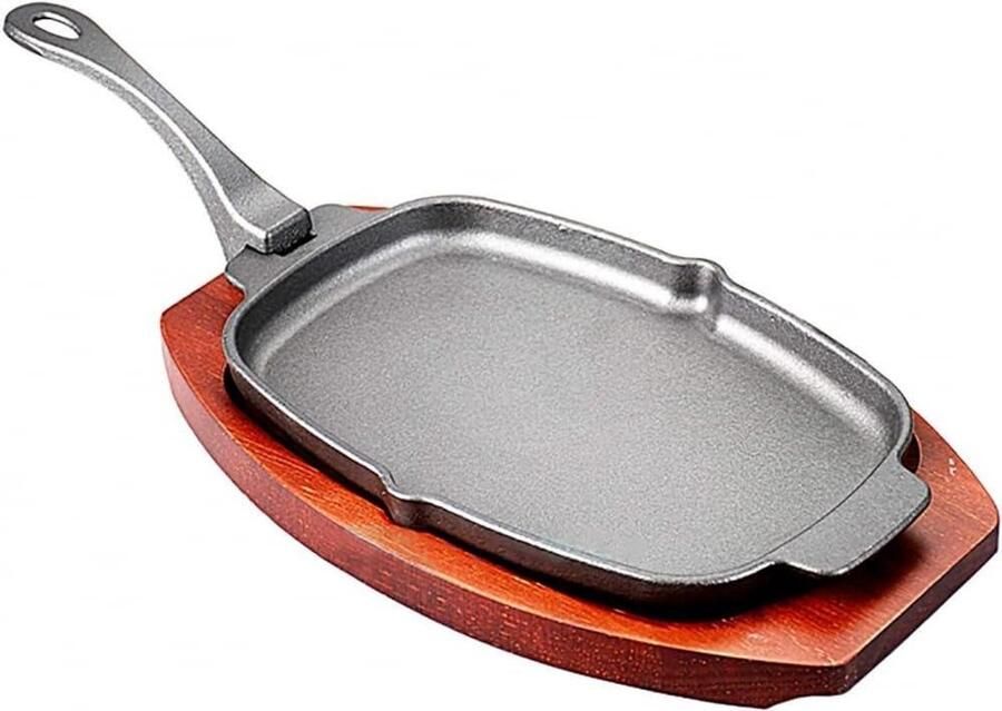 Gietijzeren Sizzler Steakschotel met Hout Vlees Grillen Hittevasthoudend Gietijzer Met Houten Onderlijn Zwart