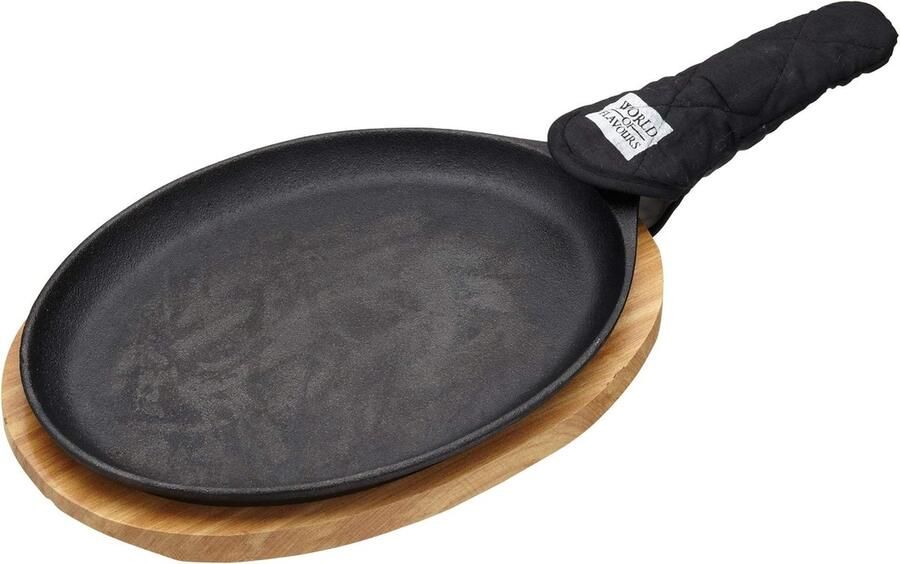 Gietijzeren Sizzling Plate Serveerschaal Hete Plaat Fajitas Serveren Houten Onderbord Hittebescherming