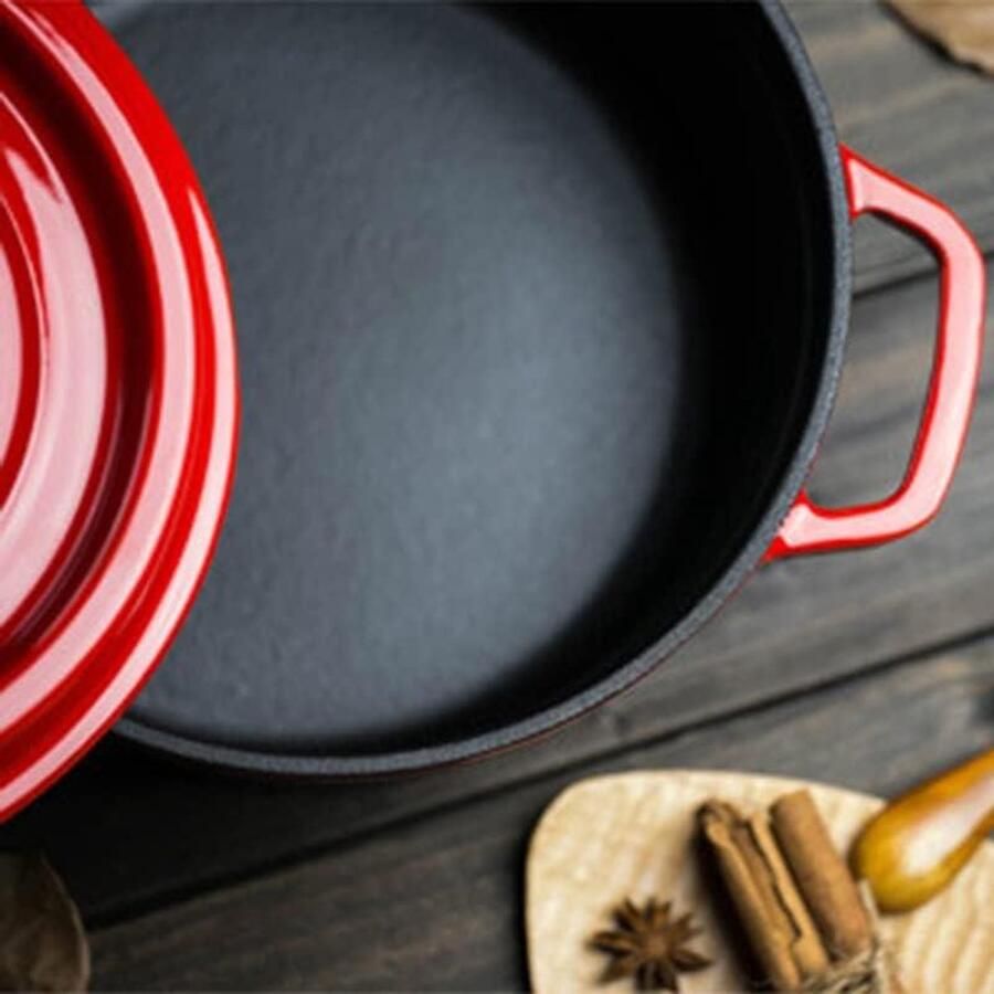 Gietijzeren Soeppan Emaille Pan Gezond Koken Vochthoudend Deksel 24cm Diameter Rood
