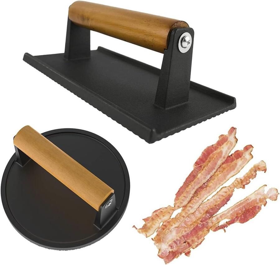 Gietijzeren Spekpers Grillpers Hamburgerpers Bakplaat Grillen Met Houten Handvat 208 kg Zwart