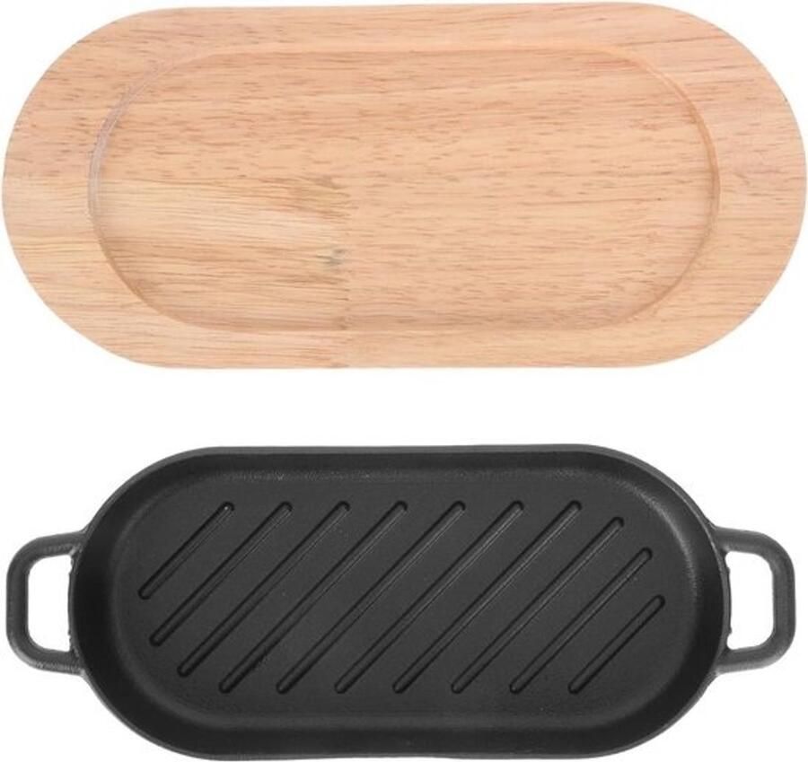 Gietijzeren Steakpan Sizzler Grillpan Houten Onderzetters Zinderend Serveren Gelijkmatige Warmteverdeling N.v.t. Zwart