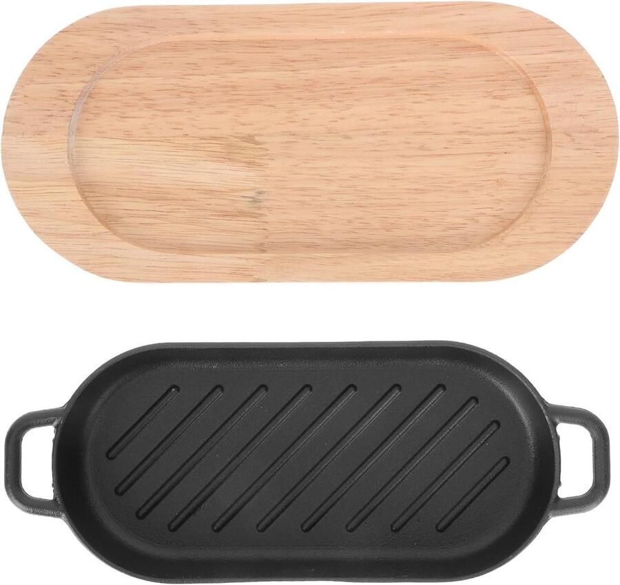 Gietijzeren Steakpan Sizzler Grillpan Houten Onderzetters Zinderend Serveren Gelijkmatige Warmteverdeling N.v.t. Zwart