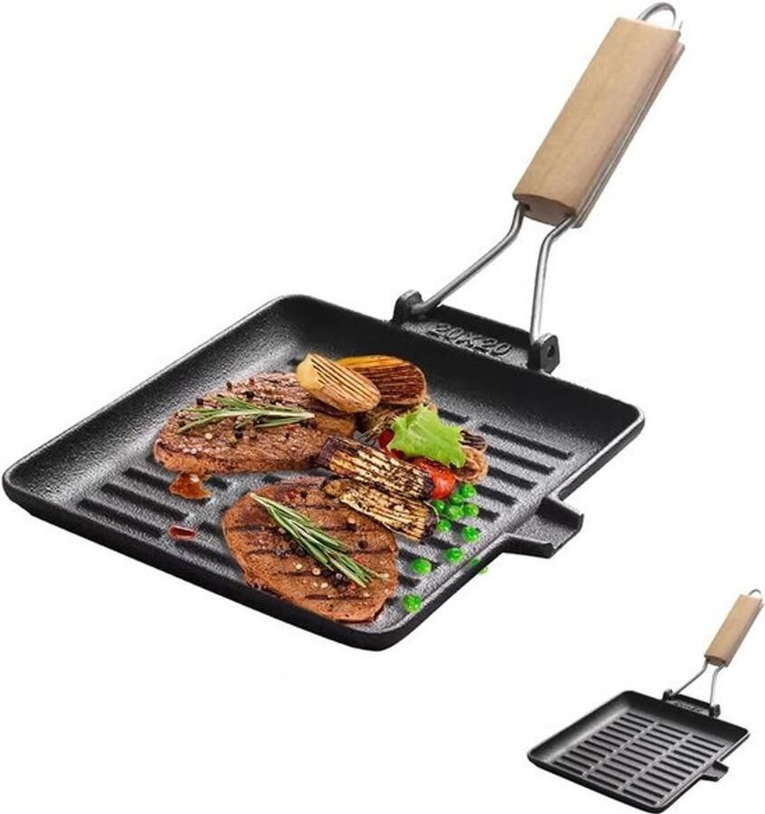 Gietijzeren steakpan Vierkante grillpan Buiten koken Inklapbaar handvat 20 x 20 cm Zwart