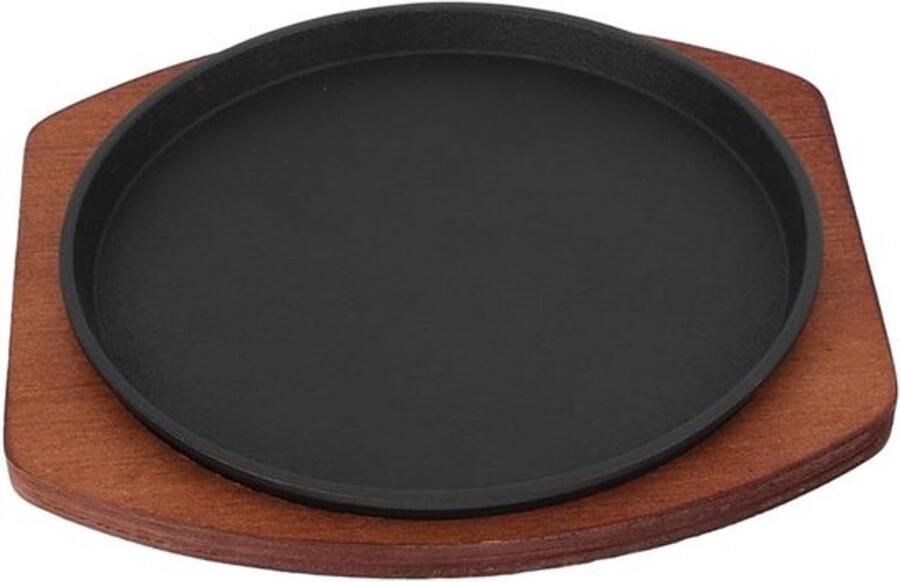 Gietijzeren Steakplaat Grillplaat Serveerpan Thuis Barbecue Met Houten Bodem 25x23x2.5 cm
