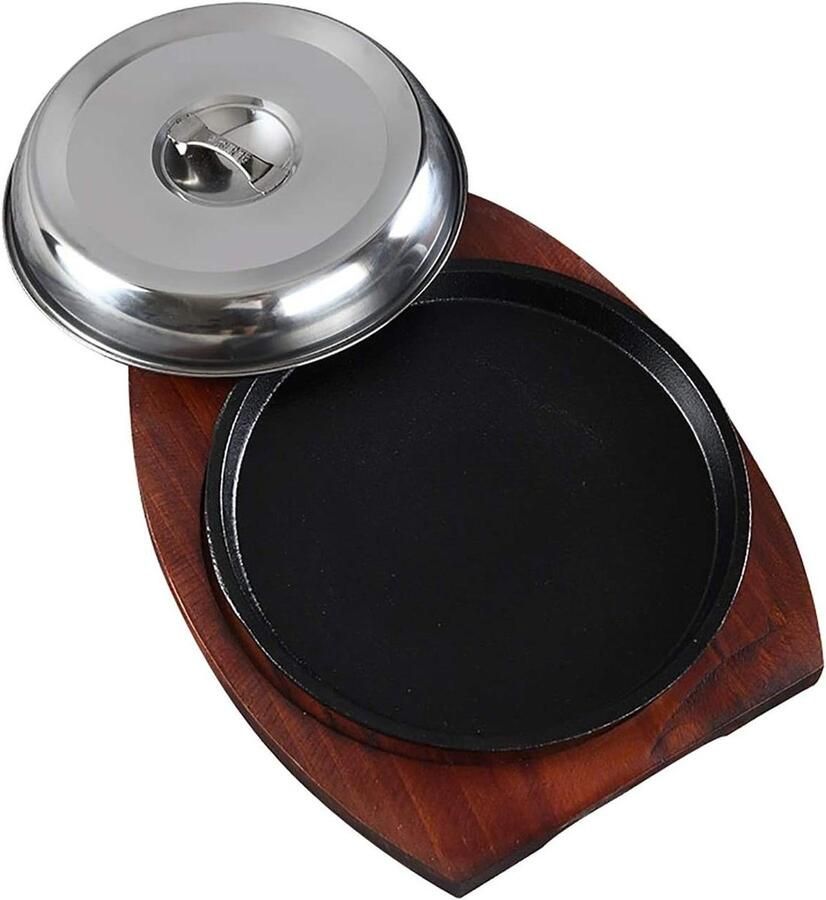 Gietijzeren Steakplaat Sizzle Pan Houdt Warmte Vast Met Houten Basis 24 cm Zwart